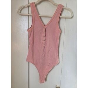 Wild Fable Pink Ribbed Henley Bodysuit VNeck tank Thong Snap Small coquette soft